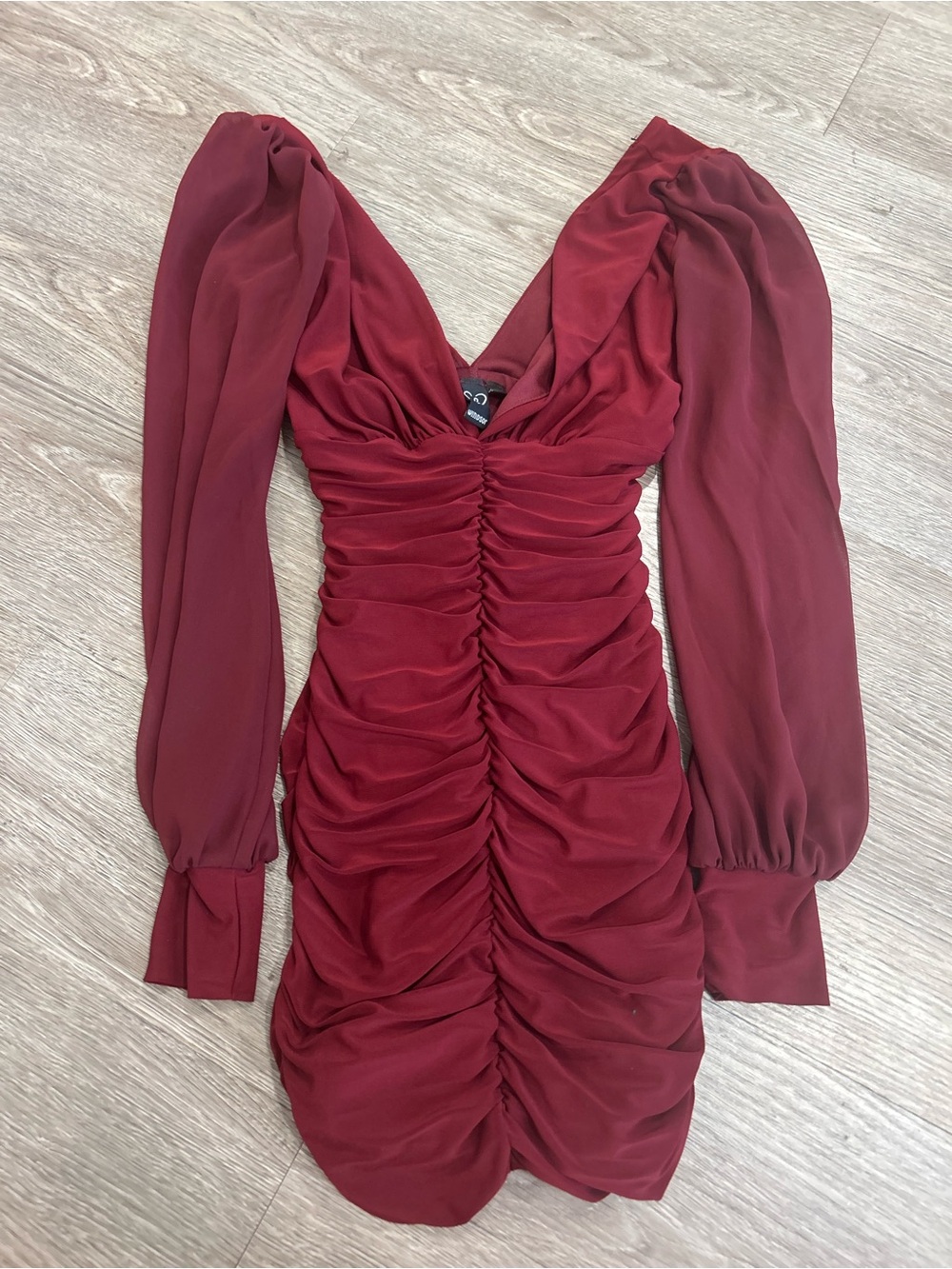 Windsor Ruched Long-Sleeve Mini Dress in Burgundy